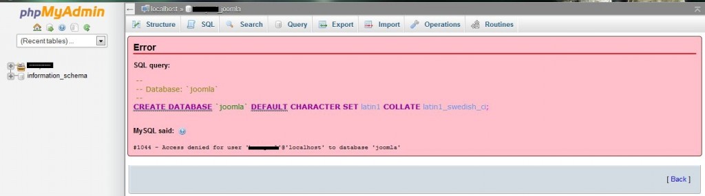 Capture - Problem Error " #1044" Saat Upload Database ke PHP My Admin