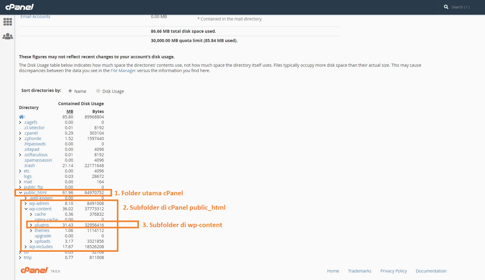cara cek disk space di cPanel