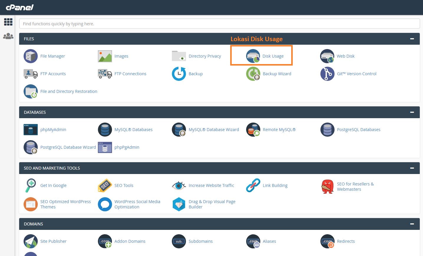 cara cek disk space di cPanel