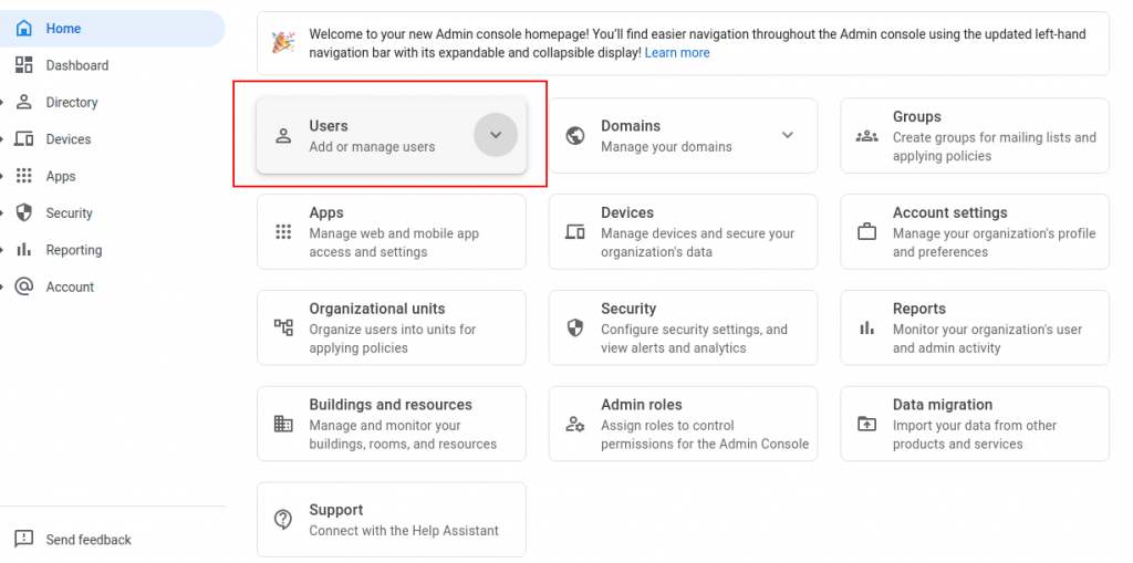 Dashboard console Google workspace