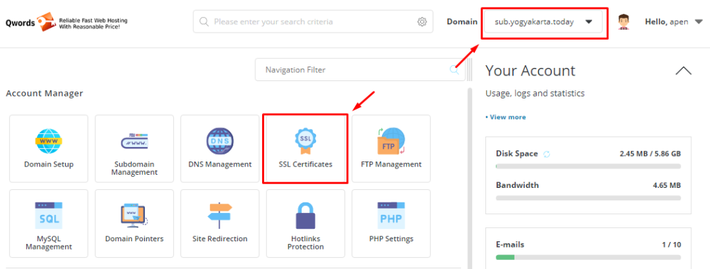 menu SSL Certificate