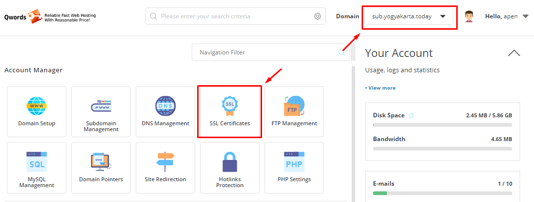 menu ssl di directadmin