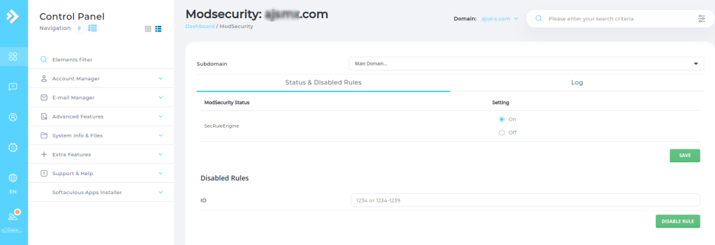 Tampilan menu ModSecurity