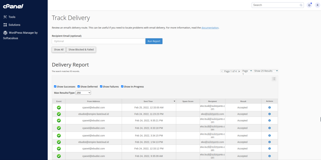 Tampilan antarmuka Track Delivery di cPanel