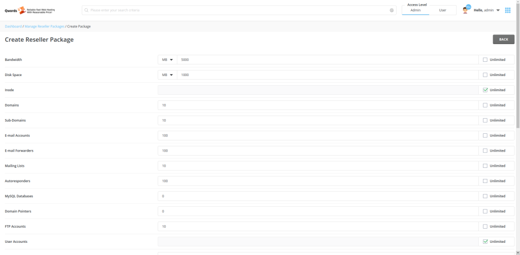 Cara membuat paket hosting dan membuat akun hosting di WHM Server Sesuaikan resource hosting