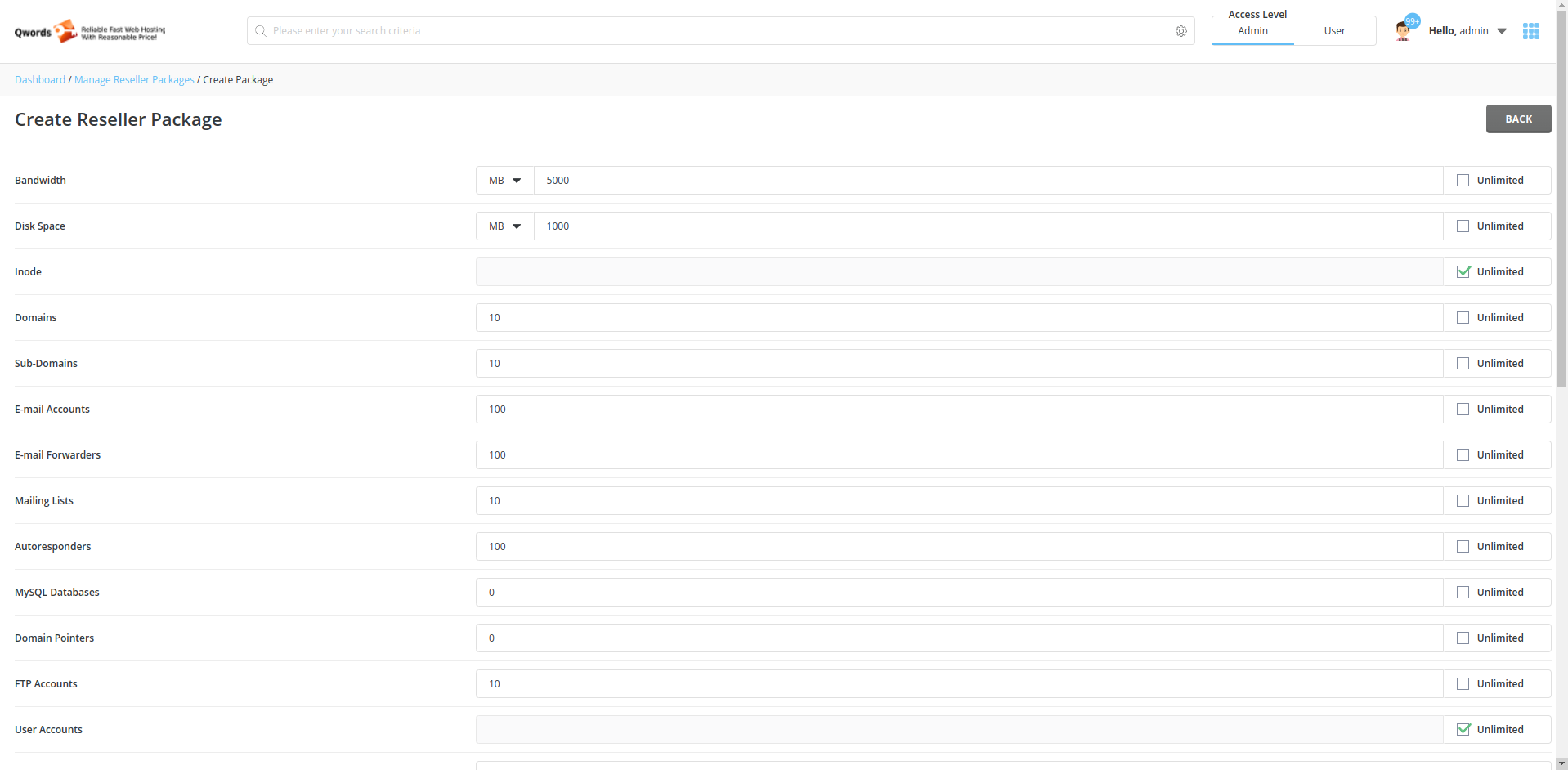 cara membuat paket hosting di directadmin