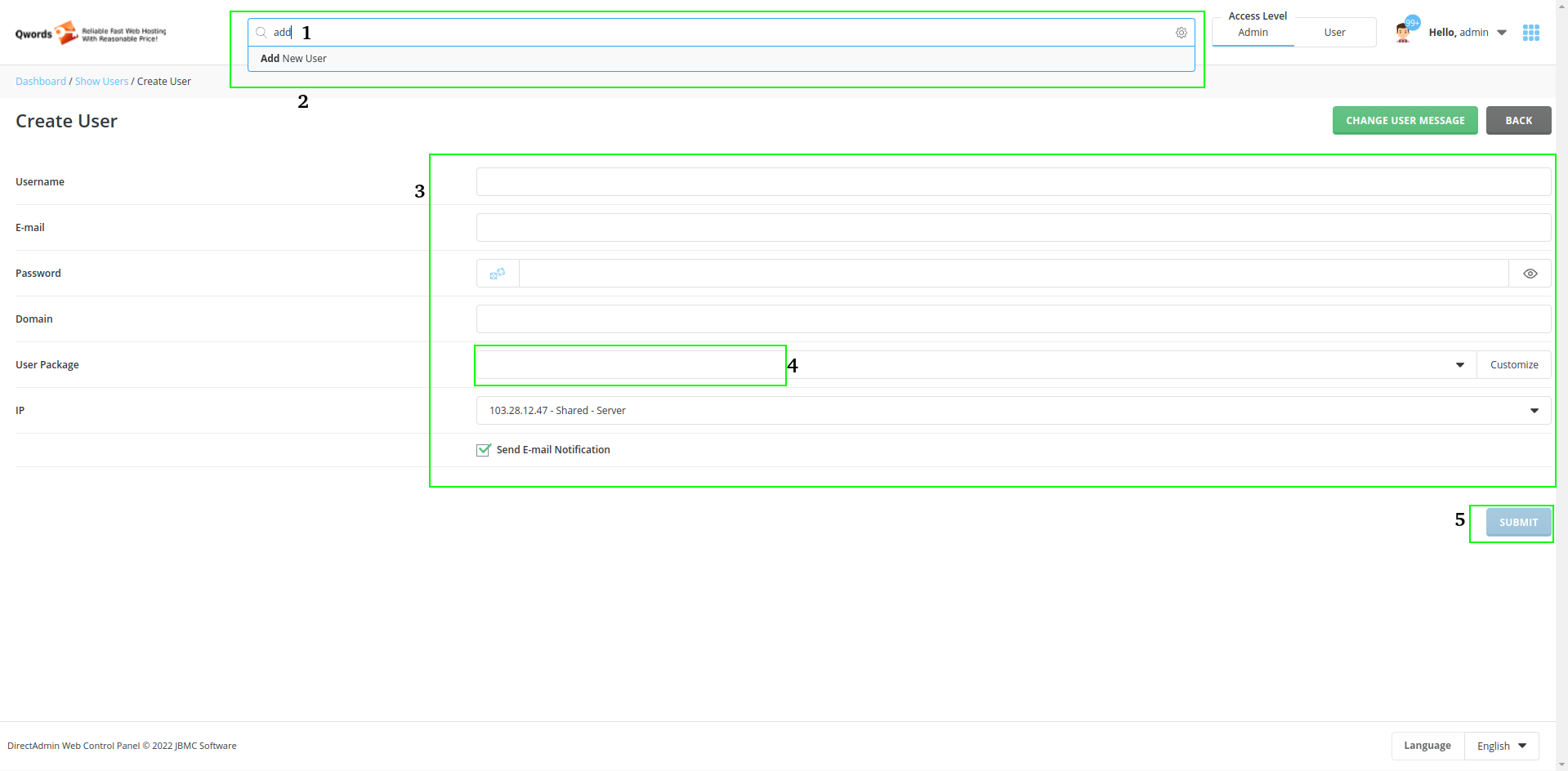 cara membuat user hosting di directadmin