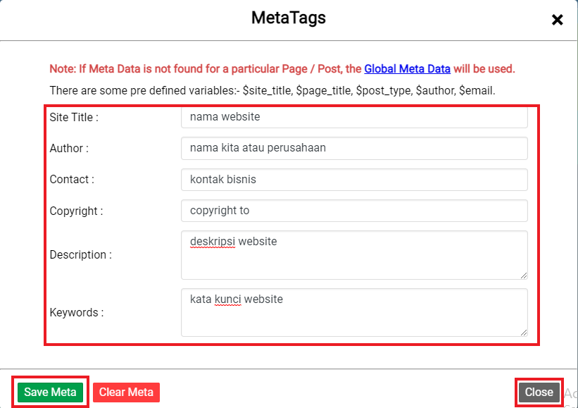 cara setting meta tag di sitepad